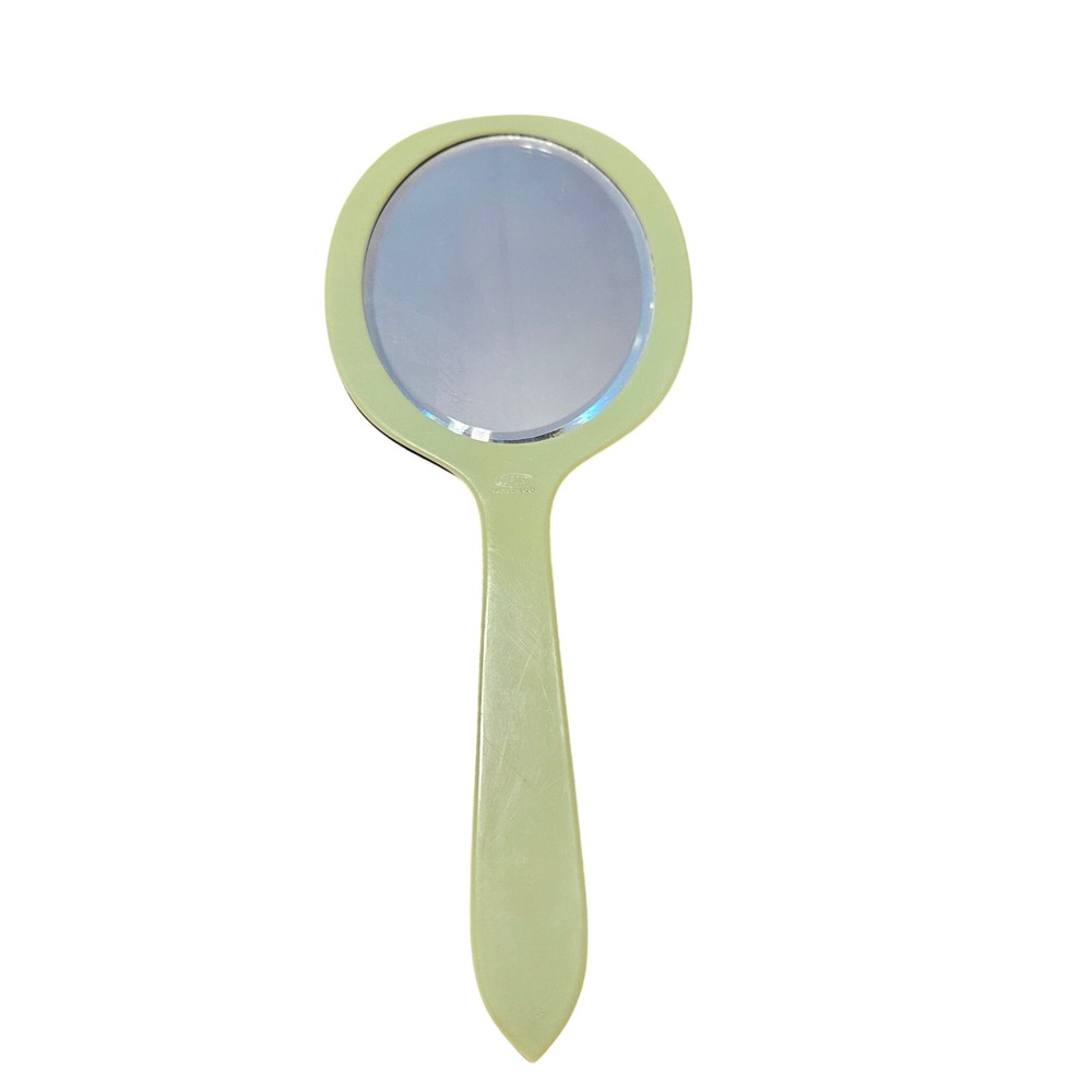 Vintage Art Deco Sage Green Celluloid Handheld Mirror Harlequin Diamond Inlay